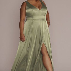 David’s Bridal charmeuse tank v-neck bridesmaid dress with slit- Eucalyptus
